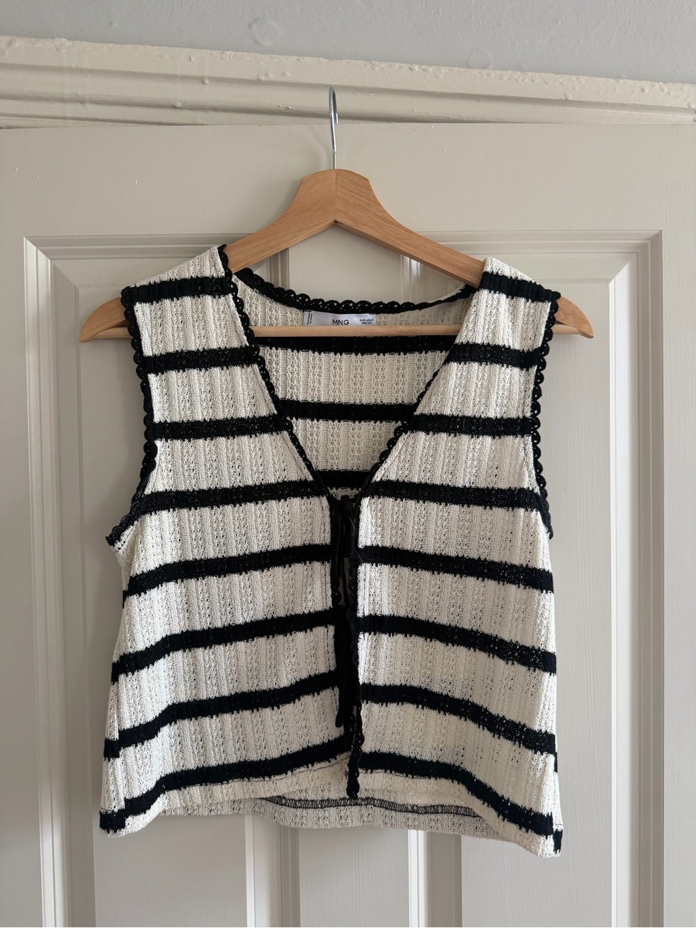 Mango Striped Knit Tie-Front Tank Top in Black and White
